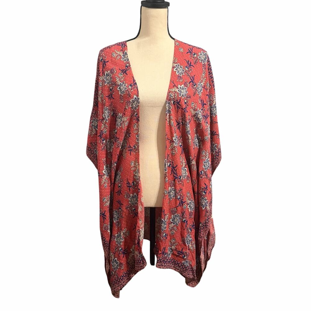 Japna Women's Red Blue Floral Kimono Cardigan One Size Cover-Up Festival Boho